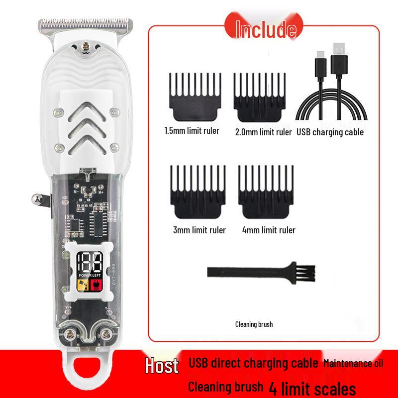 Digital Display Transparent Hair Trimmer, Electric Engraving Shaver for Household & Salon Use