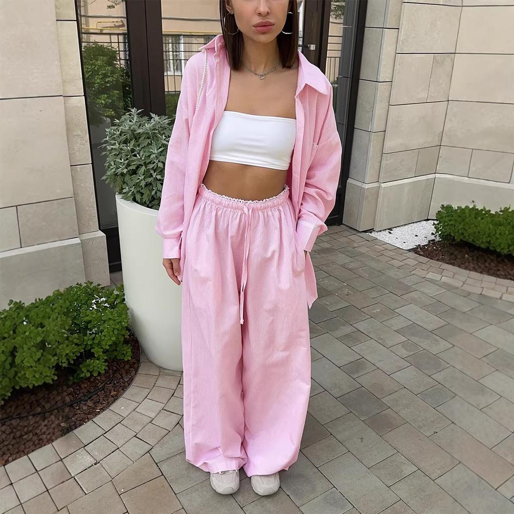Spring New Women Vertical Stripe Shirt + Drawstring Pants Two Piece Set, Casual Striped Outfit Suits For Women