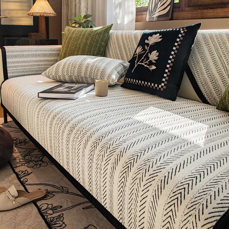 Sofa Cushion Universal In All Seasons, Non-Slip Fish Bone Pattern French Medieval Style Simple Straight Row Seat Cushion Cover Cloth, Sofa Cover Towel