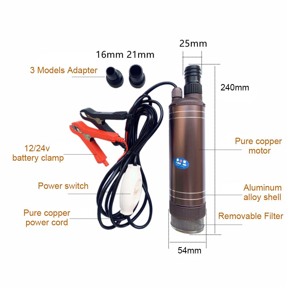 Submersible Water Pump 12V 24V Portable Electric Alloy Shell Copper Motor Max 55L min Diesel Kerosene Fuel Transfer