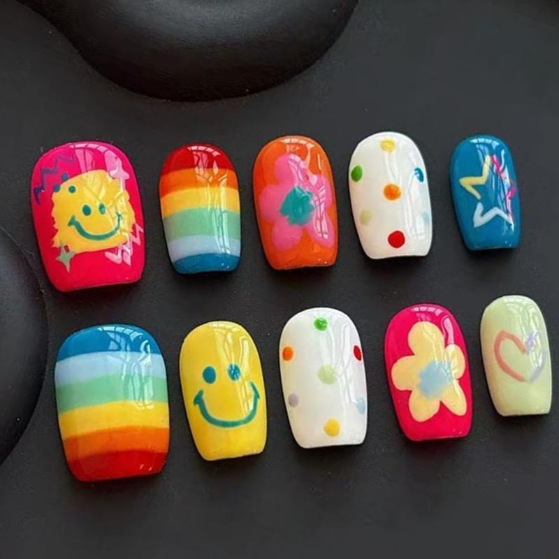 30Pcs Dopamine Short Fake Nails Cute Fun Press On Nails High Quality Decorative Nail Tips For Girls