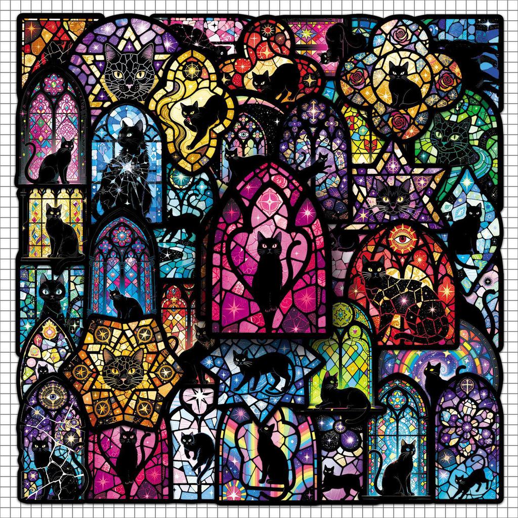 50 Stained Glass & Black Cat Pattern DIY Journal & Power Bank Stickers