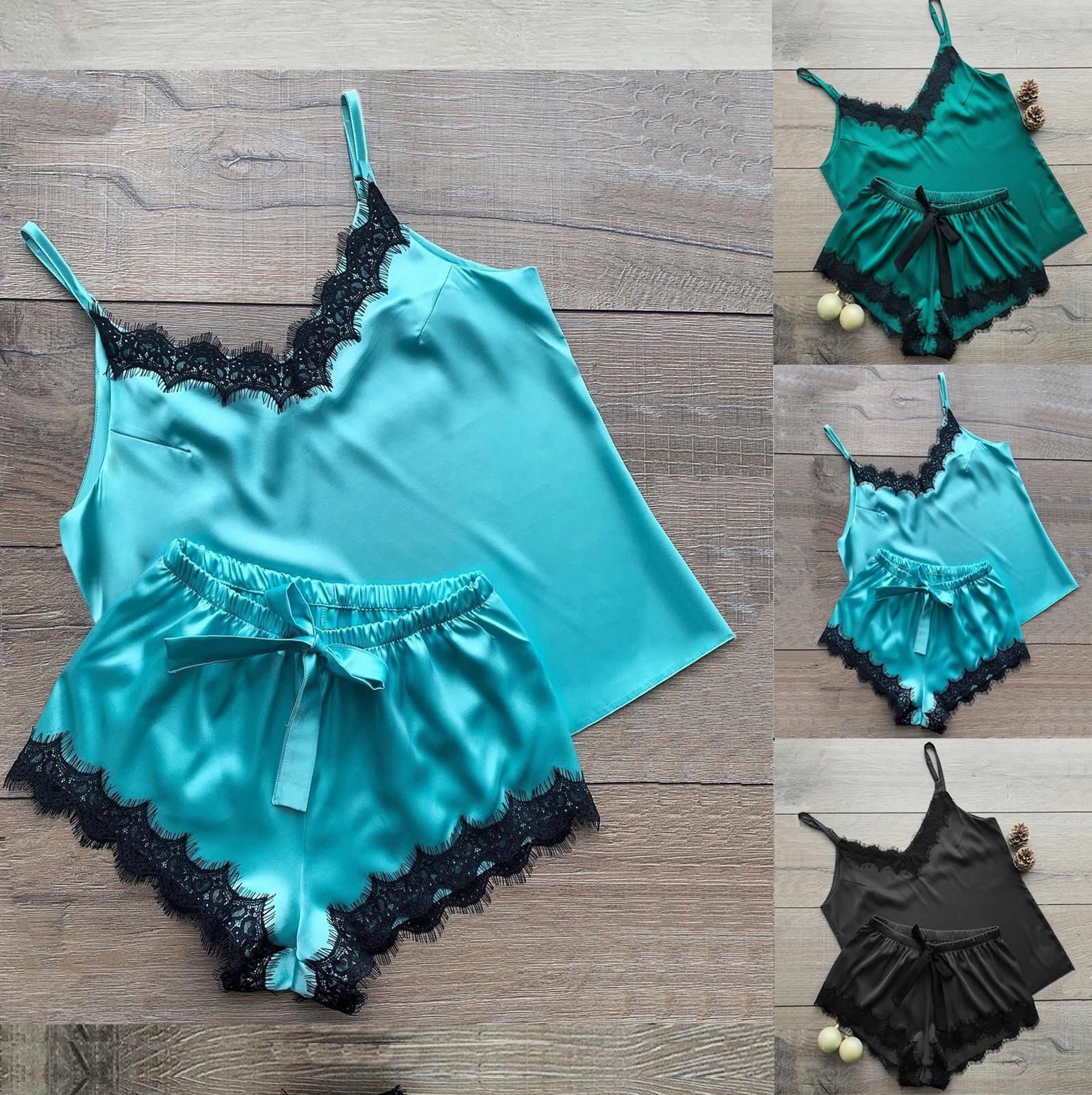 

женщины Сатин кружева V-Neck Camisole Bowknot Шорты Установить пижама пижама белье