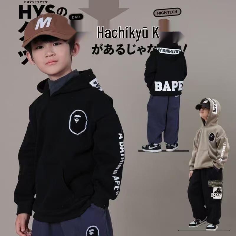 Trendy Japanese Style Boys' Hooded Fleece-Lined Autumn/Winter Sweatshirt