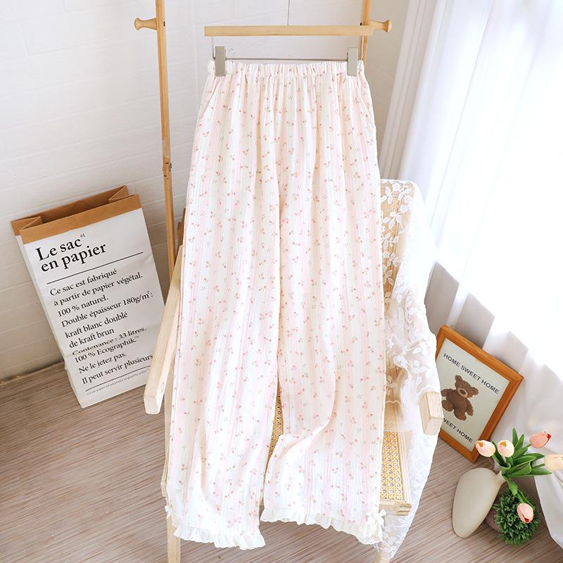 Spring and summer pajama pants women's pure cotton double-layer gauze loose pants floral thin lace can be worn outside home pants