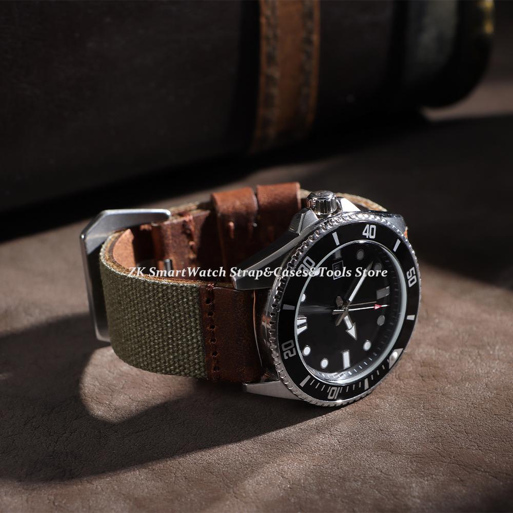 Canvas Leather Watch Strap 20mm 22mm 24mm for Panerai Handmade for Omega Military Sport Watchband Green Men Women Watch Bracelet