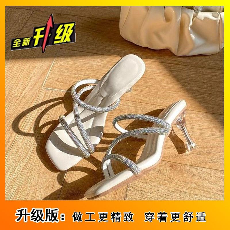 2025 Summer New Rhinestones Open-toed Thick High Heels Open-toed Sandals Women's Simple Square Head One-word Slippers