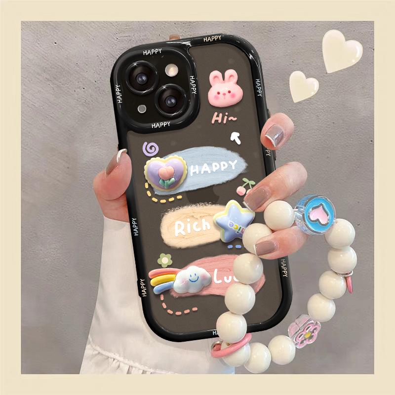 Applicable To Apple 14promax Mobile Phone Case IPhone 13/15 Three-dimensional Pigment Rabbit Chain 11 Silicone All-inclusive X
