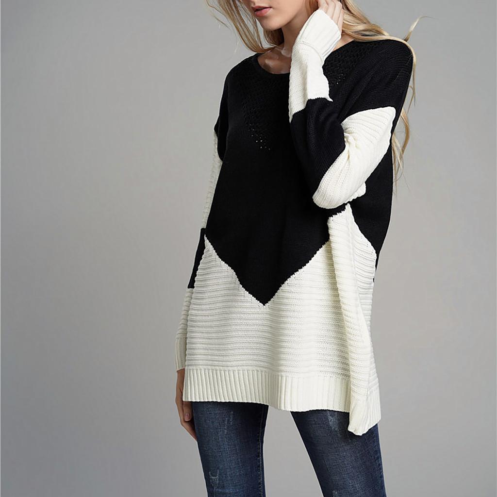 Women's Temperament Loose Round Neck Stitching Knitted Long-sleeved Sweater
