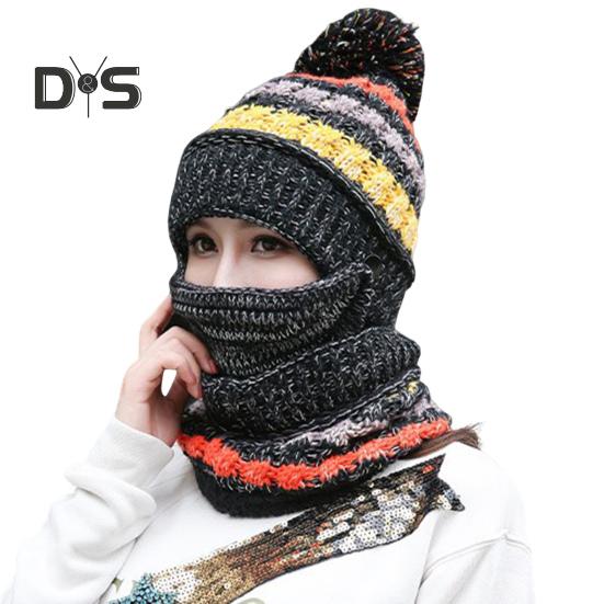3Pcs/Set Knitting Hat Scarf Set Thickened Plush Lining Furry Ball Decor Beanie Hat Neck Warmer Detachable Face Guard Set
