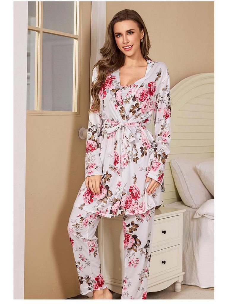 Three-Piece Pajama Set: Robe, Long Pants & Camisole In European & American Sizes