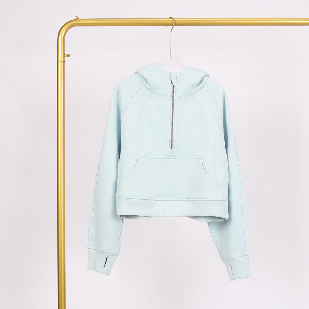 LULU Women's Hooded Half-Zip Terry Cloth Sweatshirt with Gold Logo & Zipper, Plus Velvet Yoga Wear