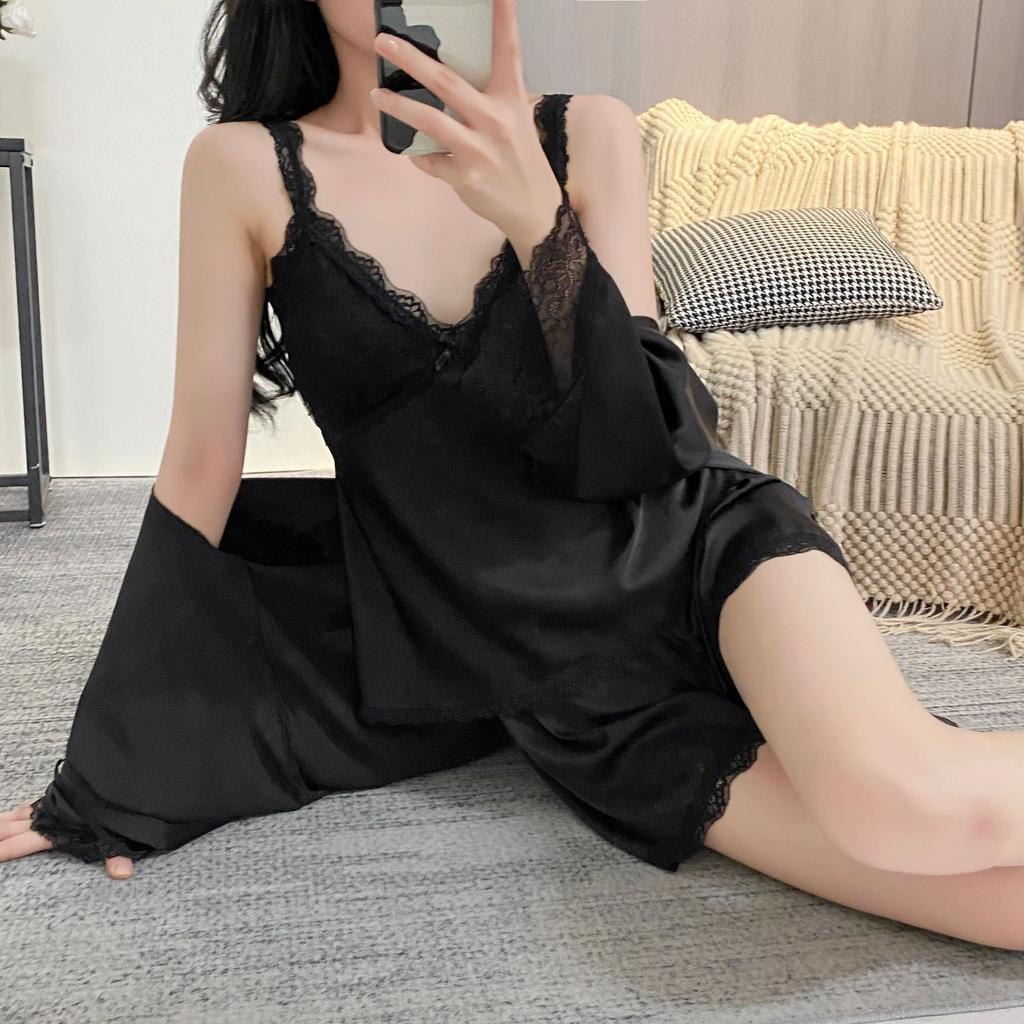 Summer thin women's sexy ice silk suspender shorts spring and autumn lace pajama set nightgown silk loungewear