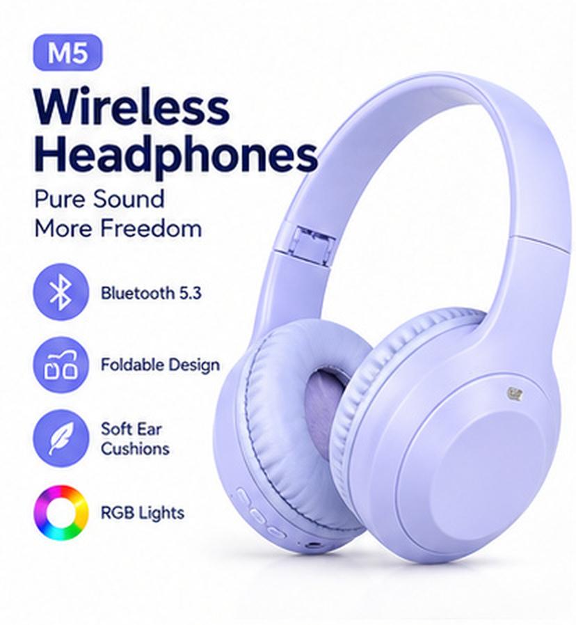 Head-mounted Bluetooth headphones with wireless noise cancellation for computer music, e-sports, and gaming