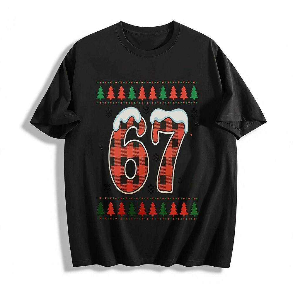 

Christmas Style Red Black Plaid No.67 Print Casual Top Pure cotton T-shirt XXS