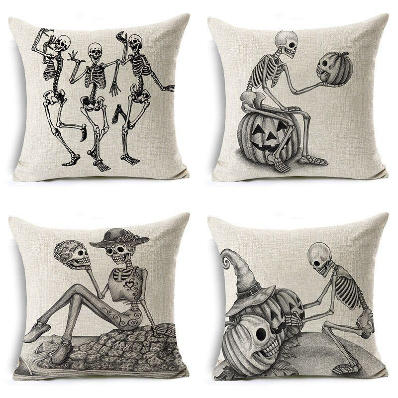 Halloween Skeleton Linen Pillow Cover Festive Home Decor Pillow Cushion Cover