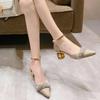 Rhinestones High Heels Women Pointed Rough Heel Sandals Summer Pumps Blue Gold Wedding Shoes Bride Office Womens Shoes Luxury
