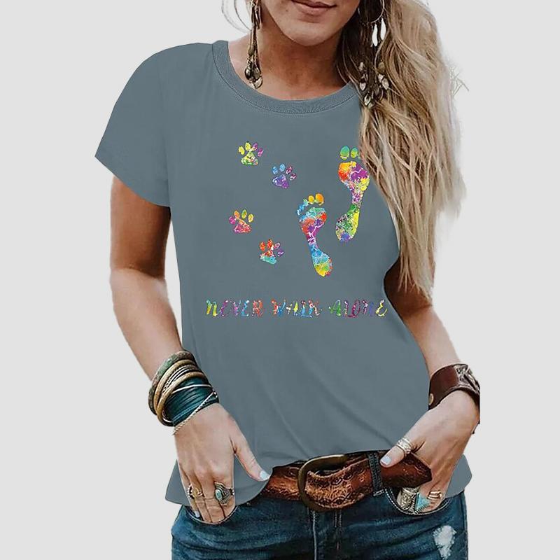 Modisches T-Shirt mit Aufdruck „Footprint“ für Damen, lustiges, lässiges T-Shirt mit O-Ausschnitt und kurzen Ärmeln, Sommer-T-Shirt für Damen