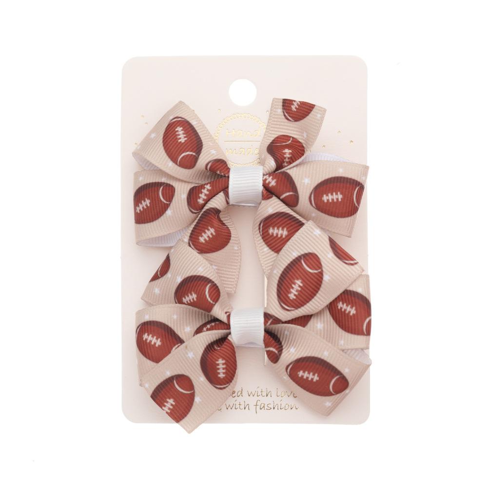 2Pcs/Set Cute Football Softball Baseball Football Bow Hair Clip for Baby Girl Fully Covered Non Slip Ribbon Hair Pins
