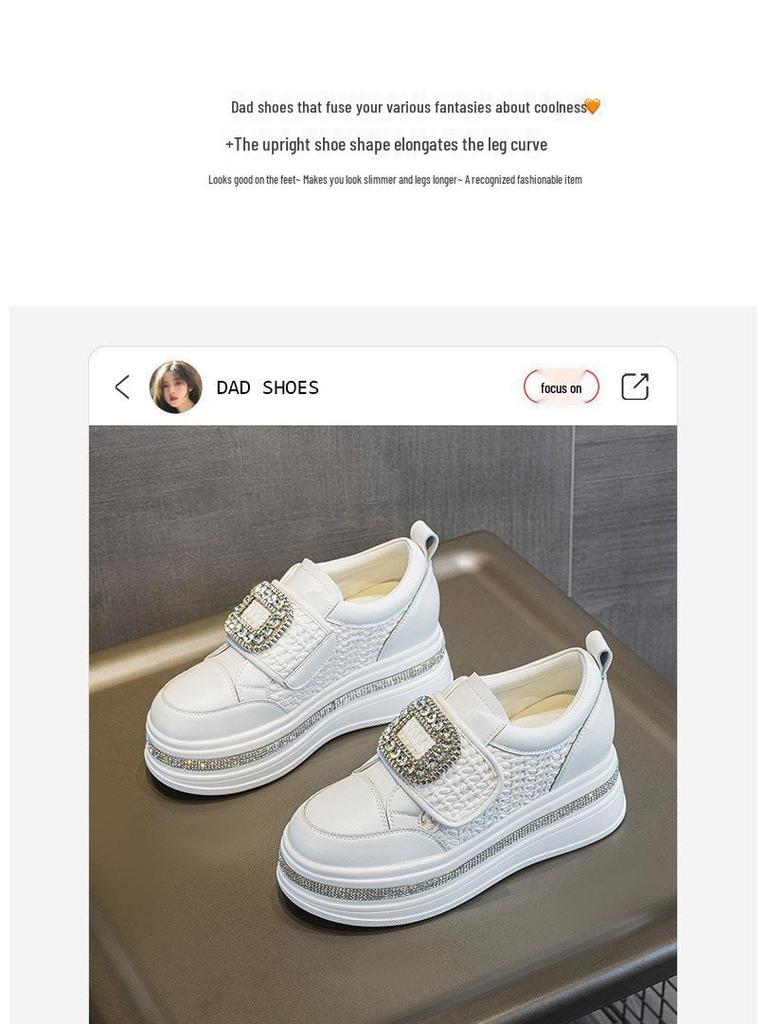 Women's 2025 Autumn White Rhinestone Casual Sneakers with Magic Tape and Petite Height-Boosting Thick Sole