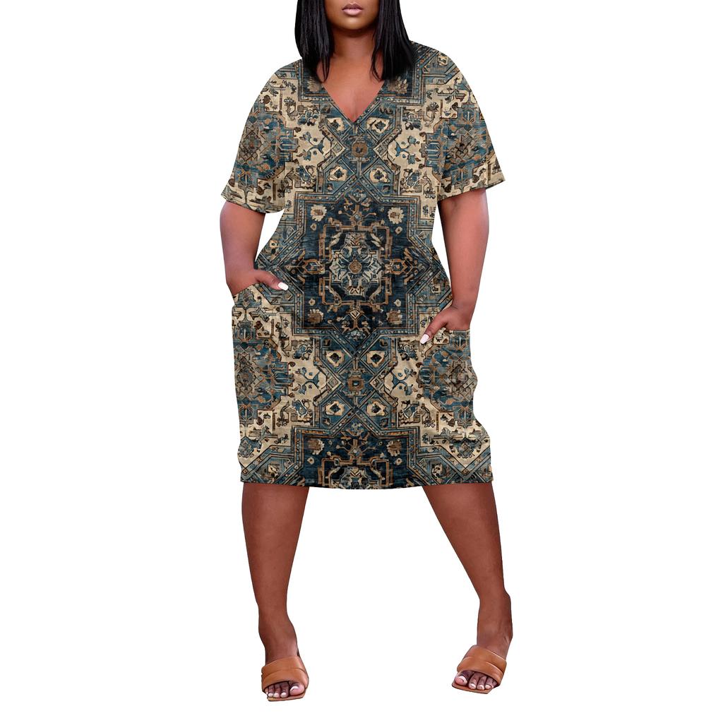 Summer Plus Size V Neck Short Sleeve Knee Pocket Print Casual Dress For Women