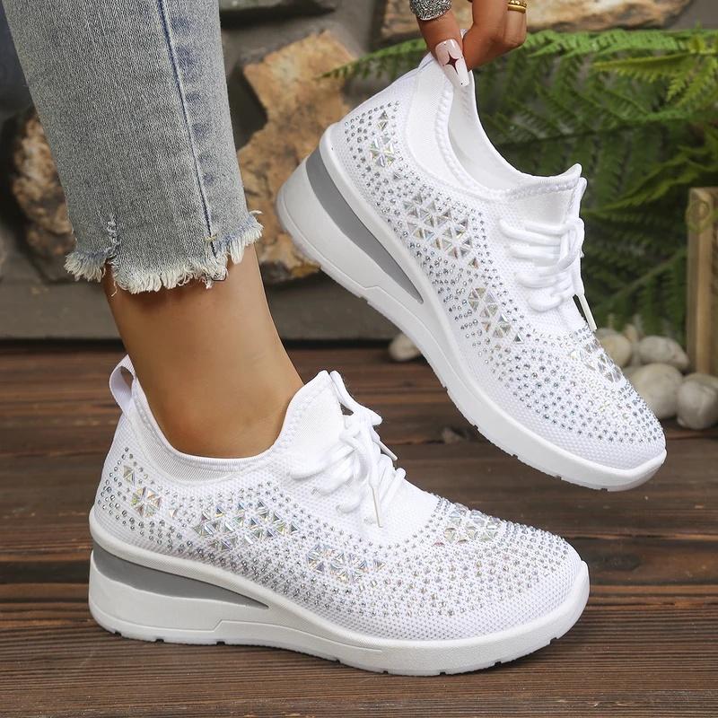 Ladies Four-Season Mesh Platform Shoes Bling Triangle Rhinestone Soft Rubber Sole Casual Daily Sneakers