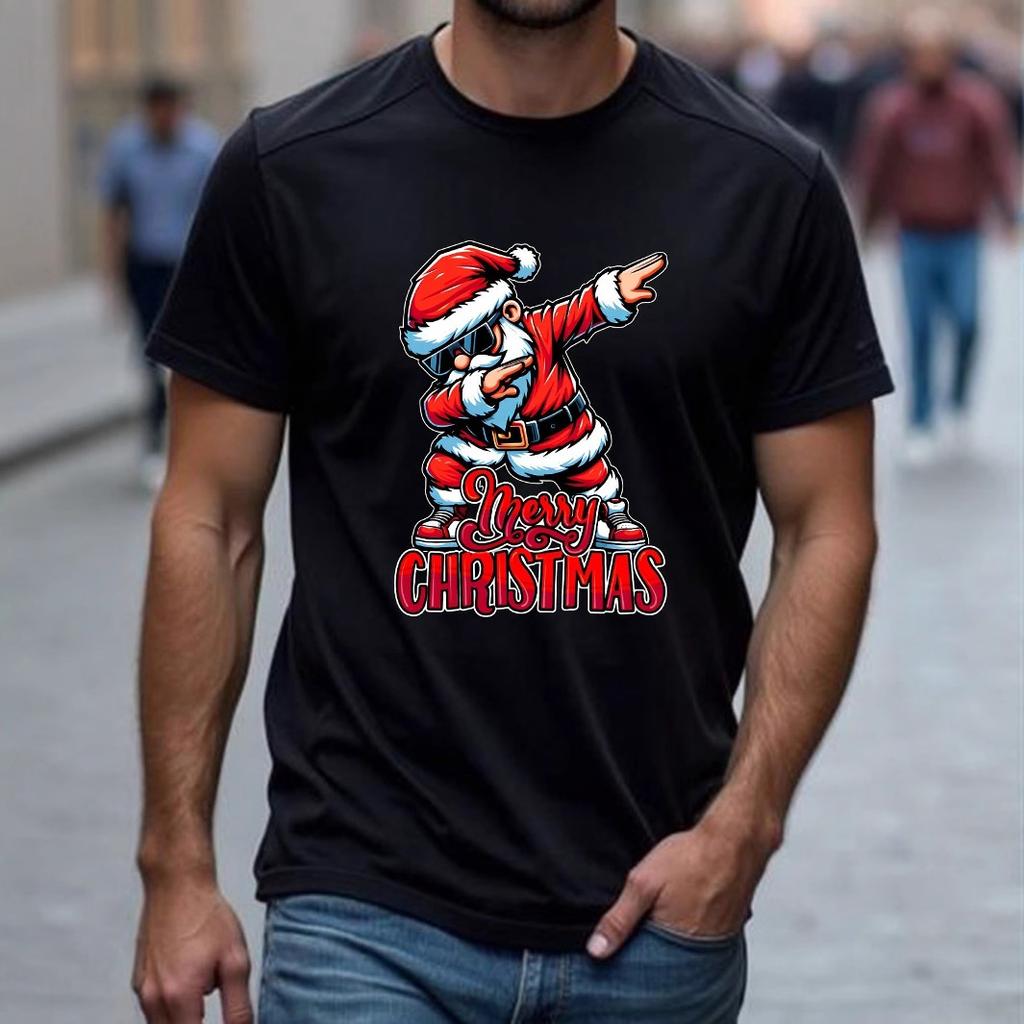 Fun and Handsome Santa Print Men's High Street Front Shoulder Round Neck Loose Short-sleeved T-shirt