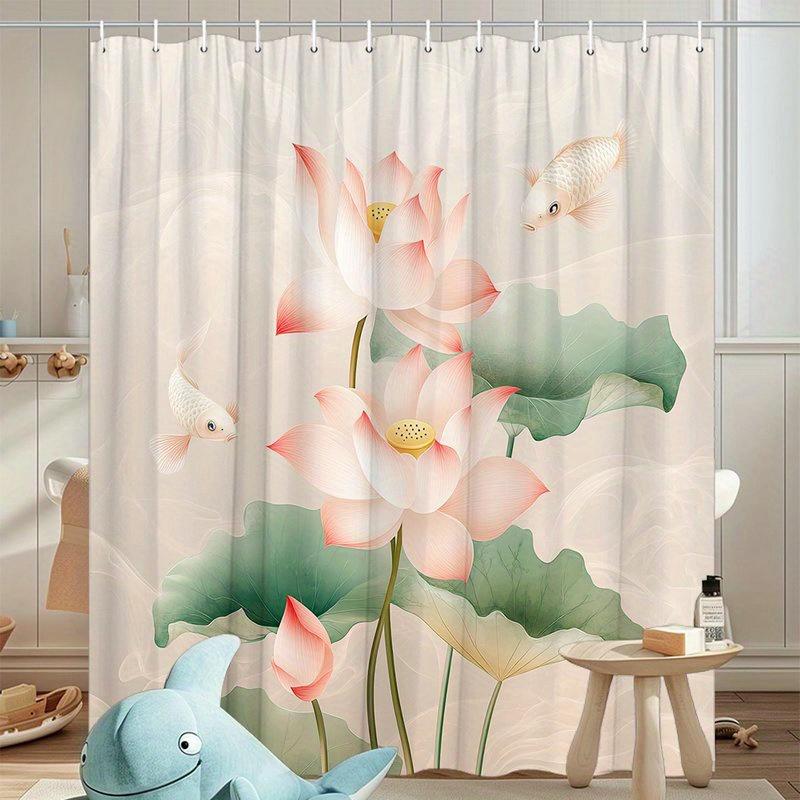 Enhance Your Bathroom with a Waterproof Shower Curtain Featuring Elegant Lotus Flowers and Koi Fish for Aesthetic Appeal