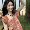 French Square Collar Small Fly-sleeve Red Plaid Shirt for Women, Summer Loose, Slimming, Petite Short Doll Jacket
