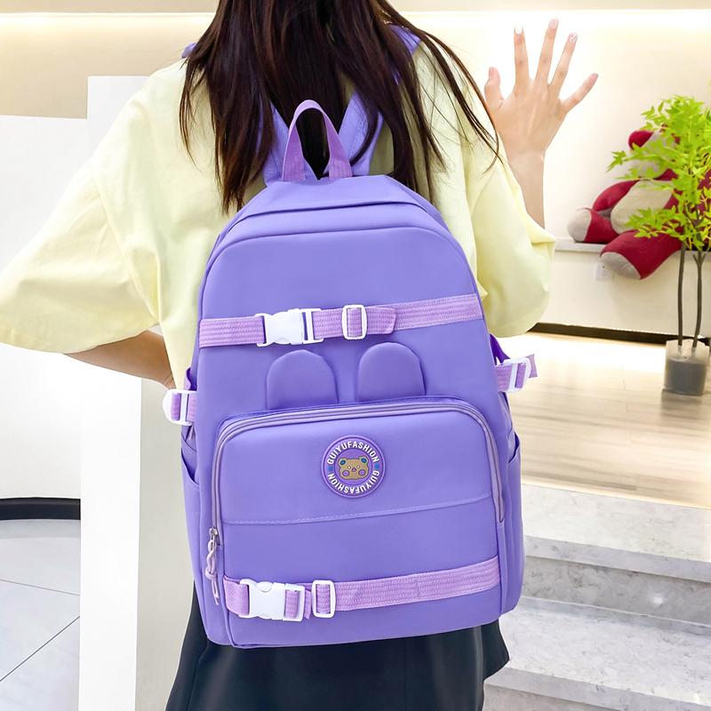 Elementary Solid Color School Bag Girls Large Capacity Canvas Backpack Set College Style Backpack