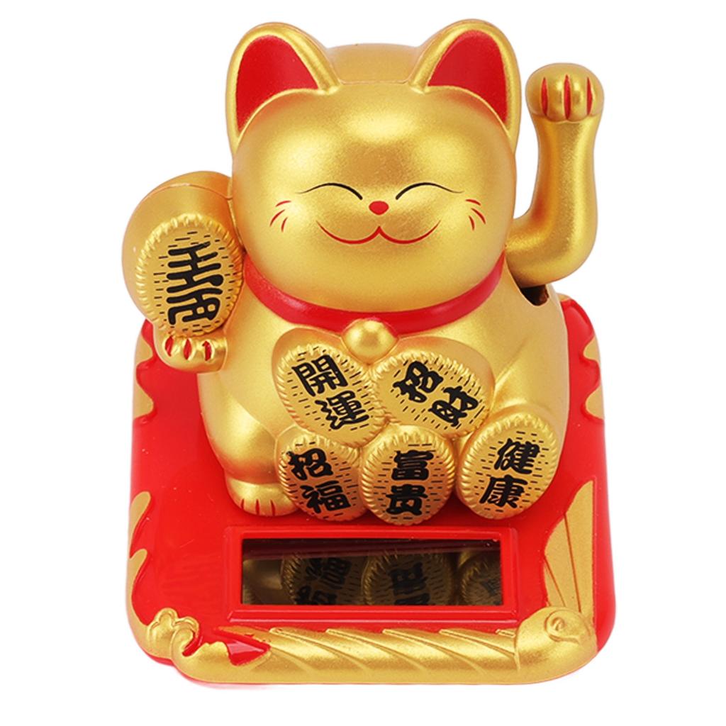 Solar Powered Waving Cat Wealth Welcoming Solar Cute Happy Lucky Cat Fortune Cat Statue Ornament for Home Car Decor
