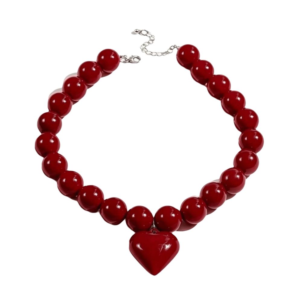 Acrylic Heart Pendant Choker Round Clavicle Chain Ideal Gift Beaded Necklace Party темно-красного