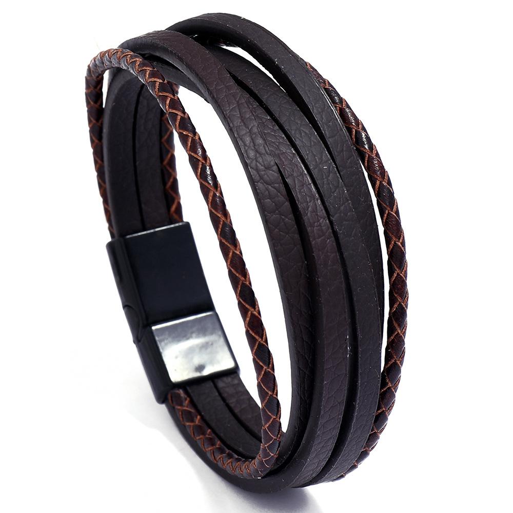 Cross-Border New Accessories Multi-Layer Simple Woven Men's Iron Bangles Magnet Buckle Imitation Leather Spot