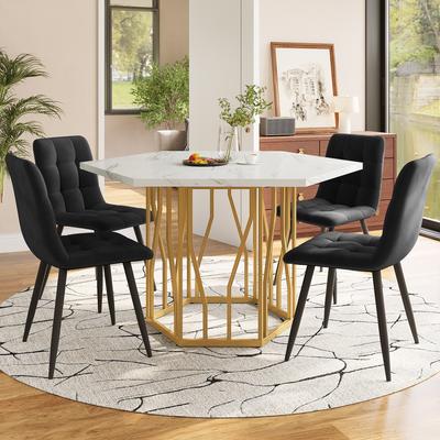 Dining Table and Chair Set (5-Piece), Modern Hexagonal Marble Dining Table + 4 Black Velvet Chairs, for a Warm Modern Restaurant, Golden Table Legs