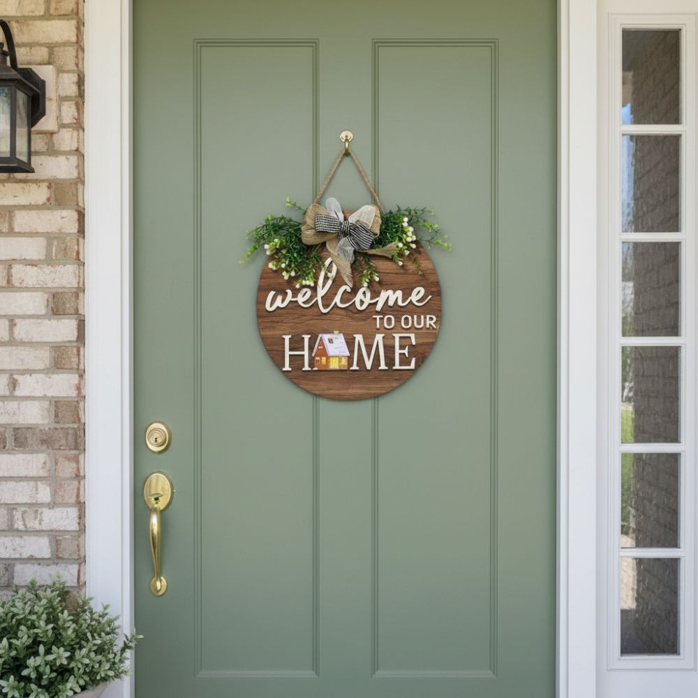 Warm Home 2D Round Welcome Sign 2D Flat Wall Sign New Hanging Wooden Board Front Door Decor