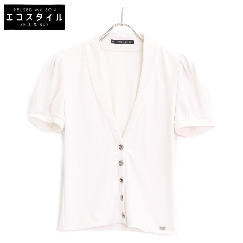FOXEY NEW YORK 26154 White Buttoned Short Sleeve Cardigan Tops 38 whiteUsed