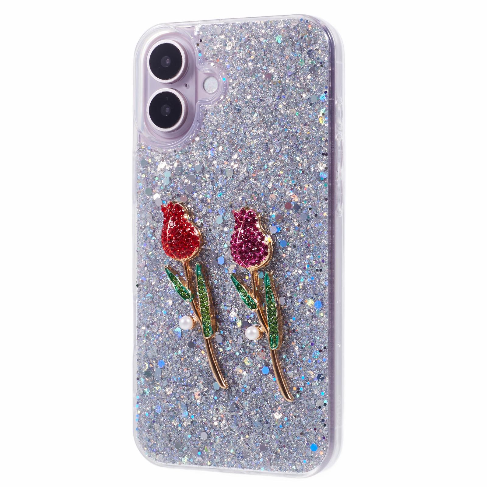 

For iPhone 16 Phone Case Sparkle Glitter Rose TPU Acrylic Back Cover