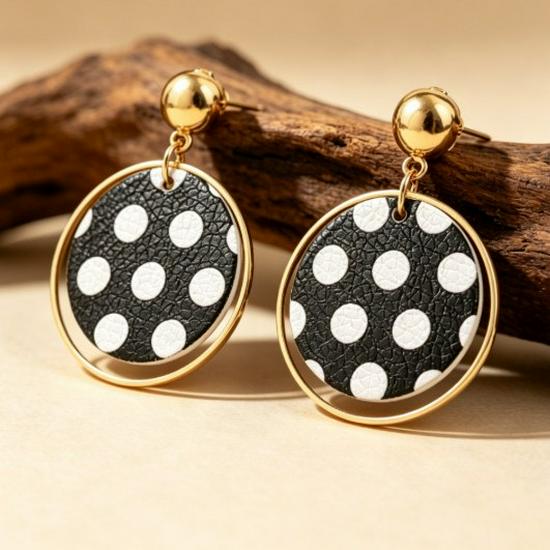 Retro Cute Polka Dot Color Block Earrings: Japanese-Korean Leather & Alloy Studs for Women