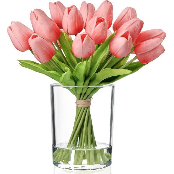 WELL KNOWN 20 Pcs White Tulips Artificial Flowers in Vase, Fake Flowers in Glass Vase, Real Touch Fake Tulips Artificial Flowers in vase with Faux