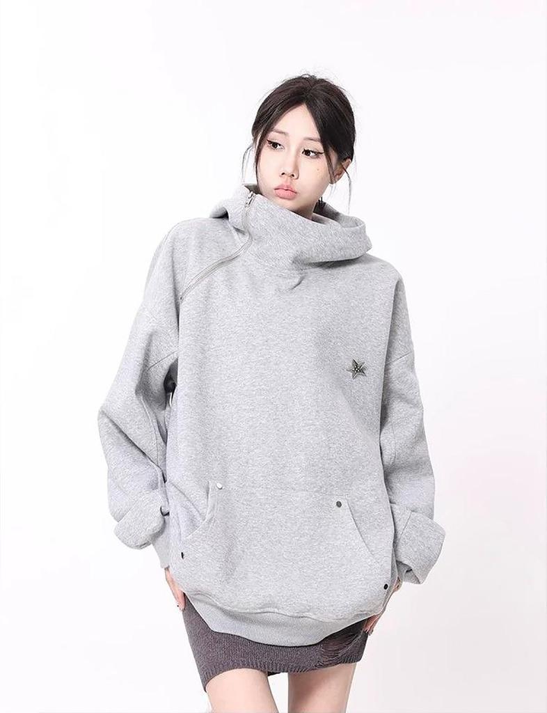 TOWYYO Turtleneck Hoodie with Star Zipper Solid Long Loose Plus Sizes Voluminous Ninja Winter Women's Harajuku-Style Decoration, Closure, Color,