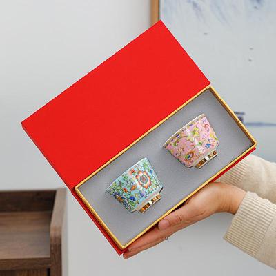 Dehua Enamel Color Teaware: Master Cup Set, Pair of Gift Boxed Tasting Cups, Ceramic Kung Fu Tea Bowls.