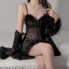 Pyjama doux pour femme, sexy, col en V, maille transparente, plumes, bretelles, chemise de nuit, ensemble uniforme