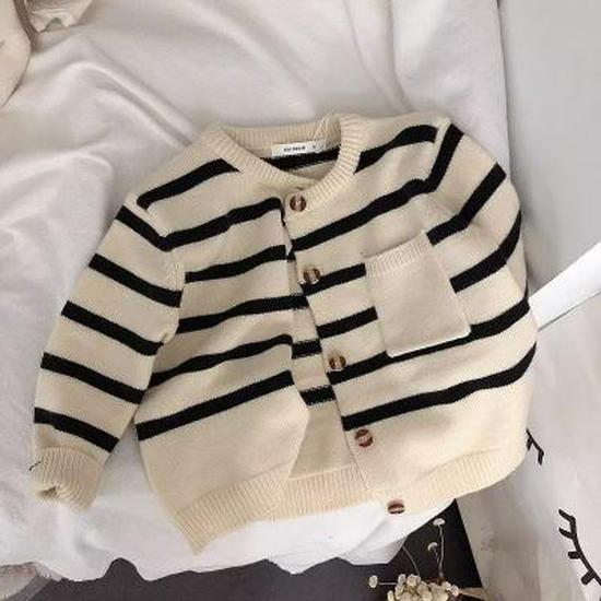 Korean Kids' Soft Striped Cardigan Sweater - Unisex, Spring & Autumn, Trendy Knitted Coat