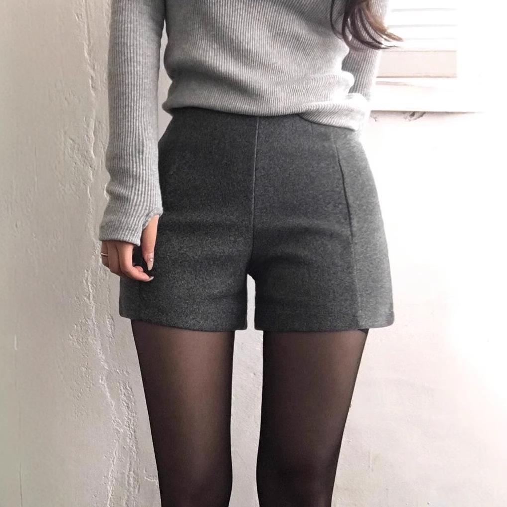 Women's Slimming Woolen High-Waist Gray Shorts - Korean Style Winter 2024 Hip-Wrapping Booty Base Layer