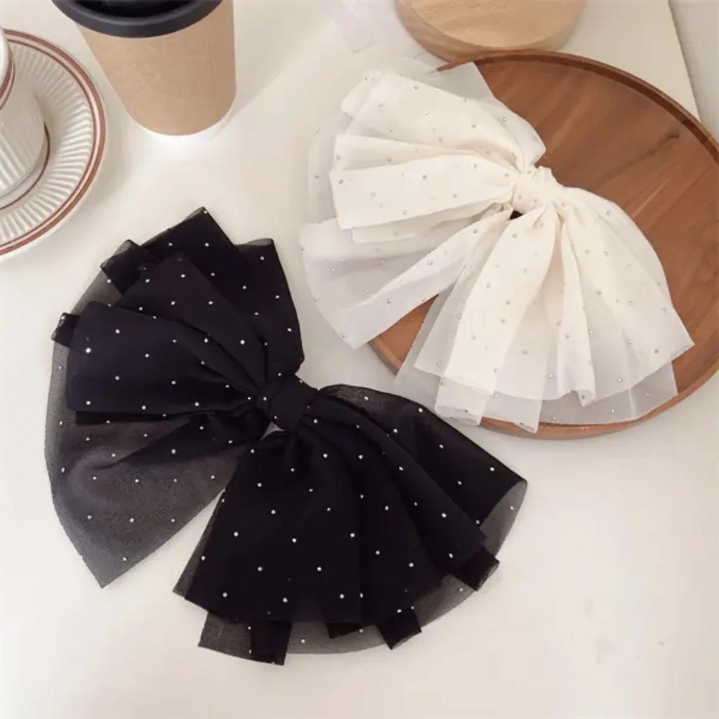 Elegant Temperament Mesh Hair Clip for Woman Rhinestone Large Bow Hairpin Fashion Girl Duckbill Clip