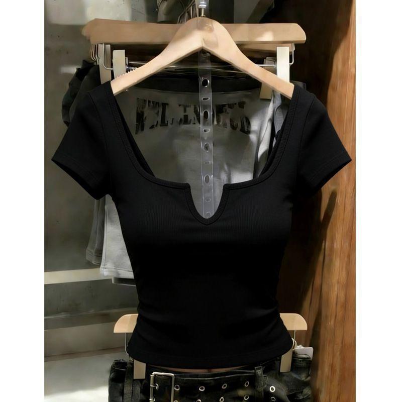 Premium solid color U-neck front shoulder short-sleeved T-shirt women's summer new super good-looking versatile slim-fitting thin short top
