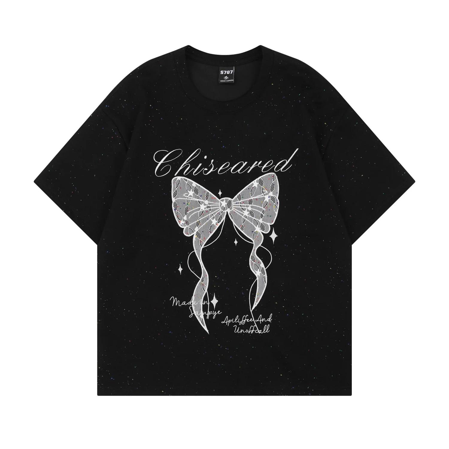 Retro American Lazy Style Butterfly Knot Embroidery Short Sleeve T-Shirt Unisex Vintage Versatile Couple Top Summer Cotton Crew S