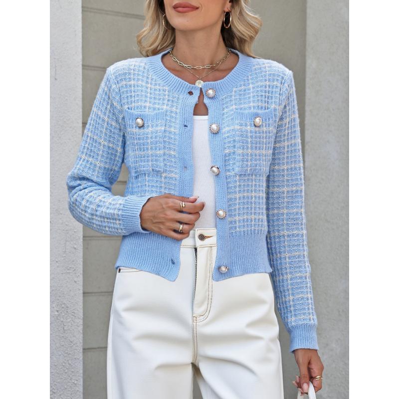 Women's Plaid Knitted Cardigan Small Fragrance Style Elegant Coat Pearl Button Fashion Sweater for Women