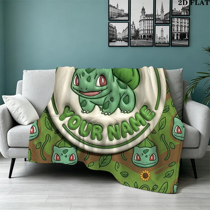 Custom Name,Bulbasaur Printed Flannel Blanket, soft throw for bedroom sofa, washable, Christmas present, great gift.