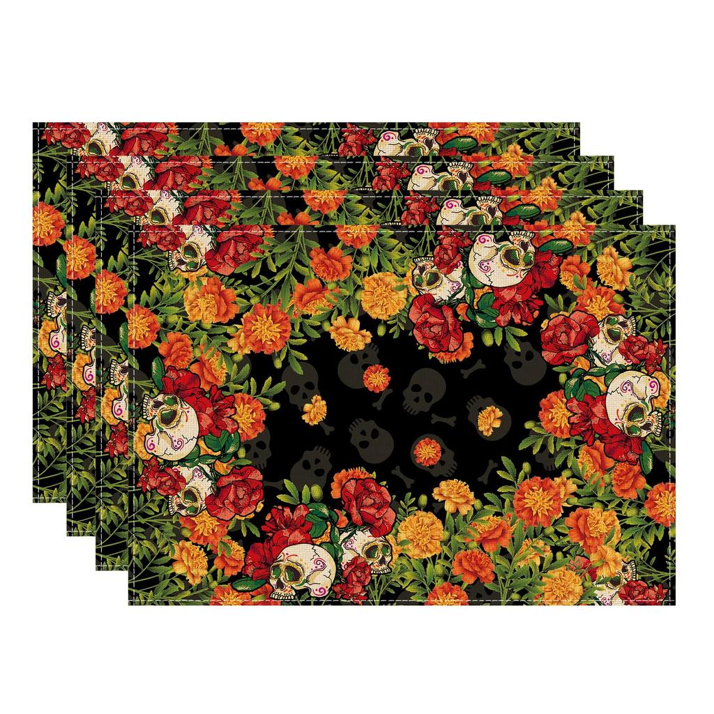 Sugar Skull Marigolds Floral Dia De Los Muertos Day of The Dead Mexican Placemats Set of 4 Table Mats for Kitchen Dining Table Decorations 12x18 Inch